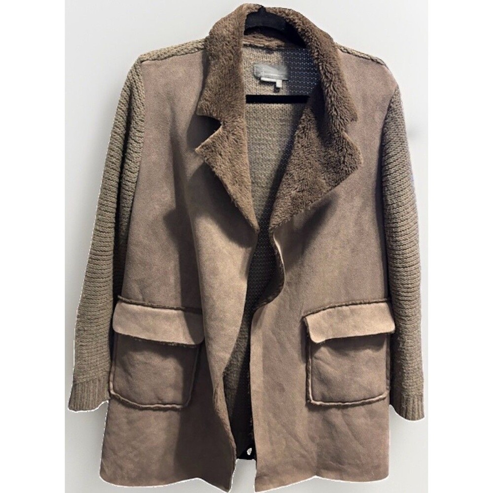 Anthropologie Women's Piper Sweater Coat Cardigan Brown Size LP Faux Suede/Fur